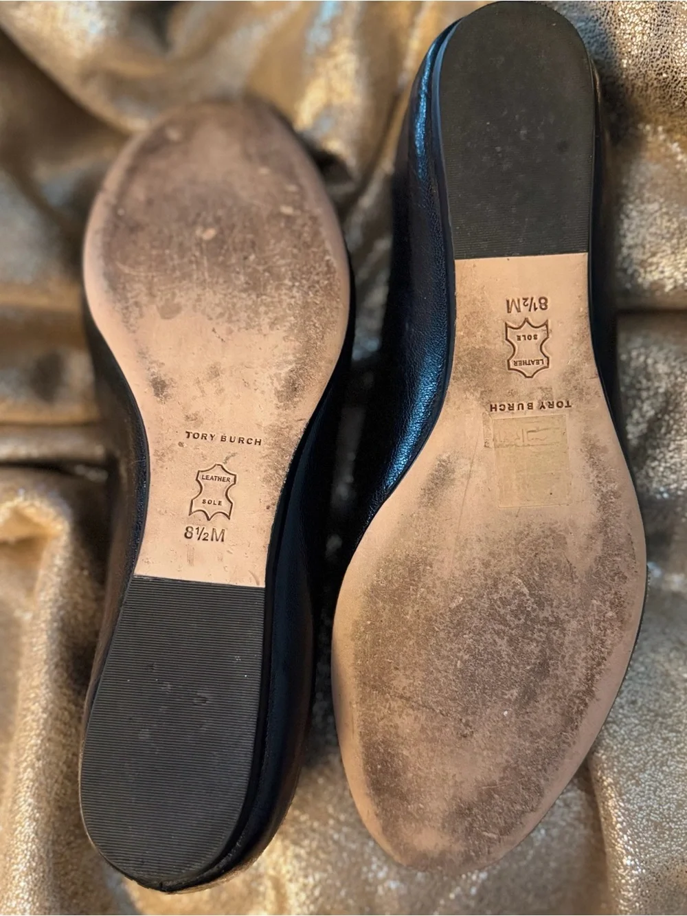 Tory Burch Black Leather Logo Ballet Flats with Gold Emblem
